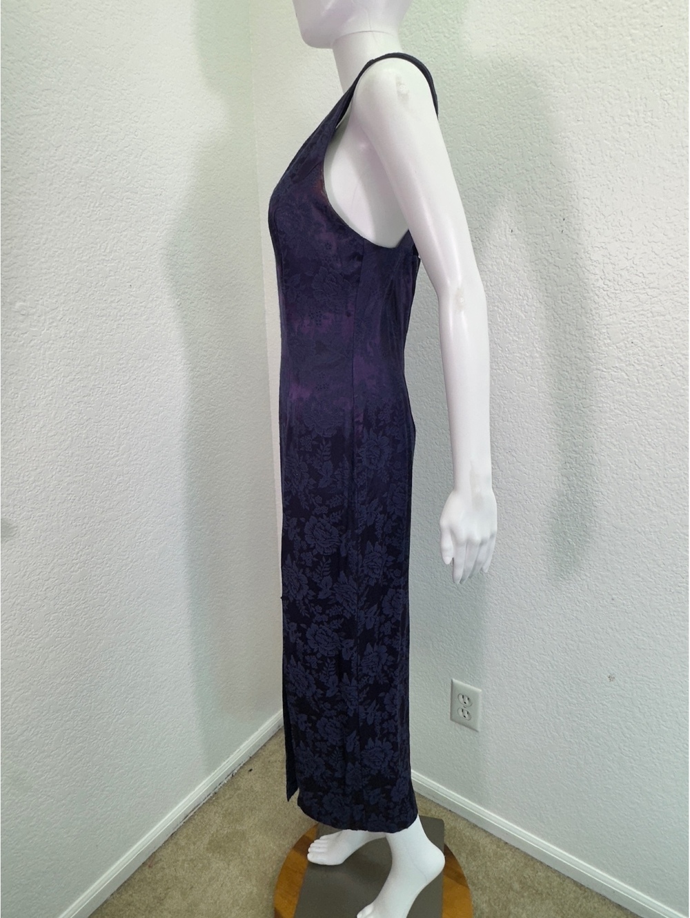 VTG Y2K Sz 3/4 Dawn Joy Violet Blue Floral Jacquard Maxi Dress Sheath Gothic - Picture 2 of 7